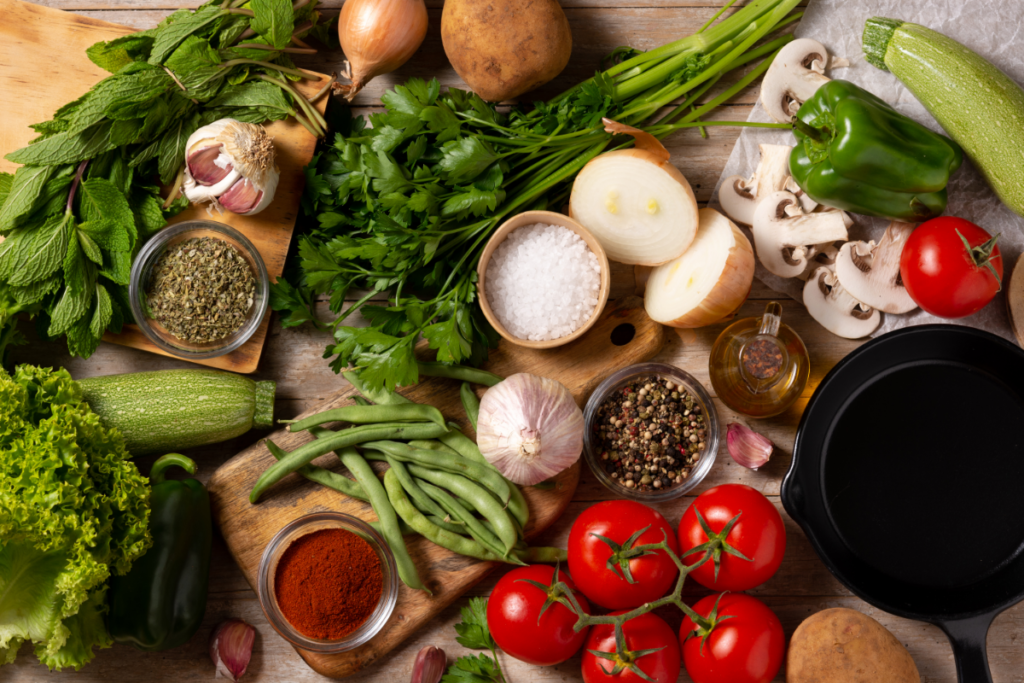 A variety of nutritious foods like lean proteins, fruits, vegetables, and nuts on a table, with a measuring tape and metabolism-themed graphics, symbolizing metabolic nutrition.