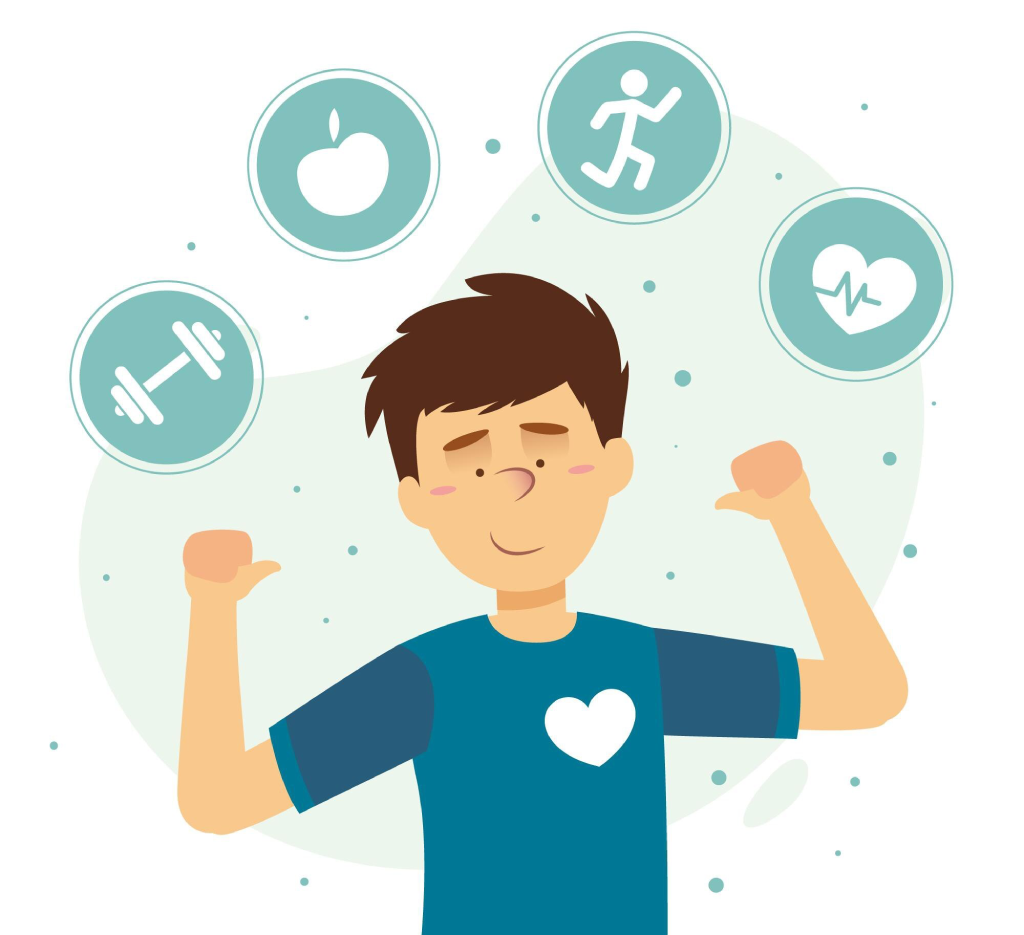 A person feeling energized and active, surrounded by icons representing steady energy, digestion, weight balance, restful sleep, and clear mental focus.